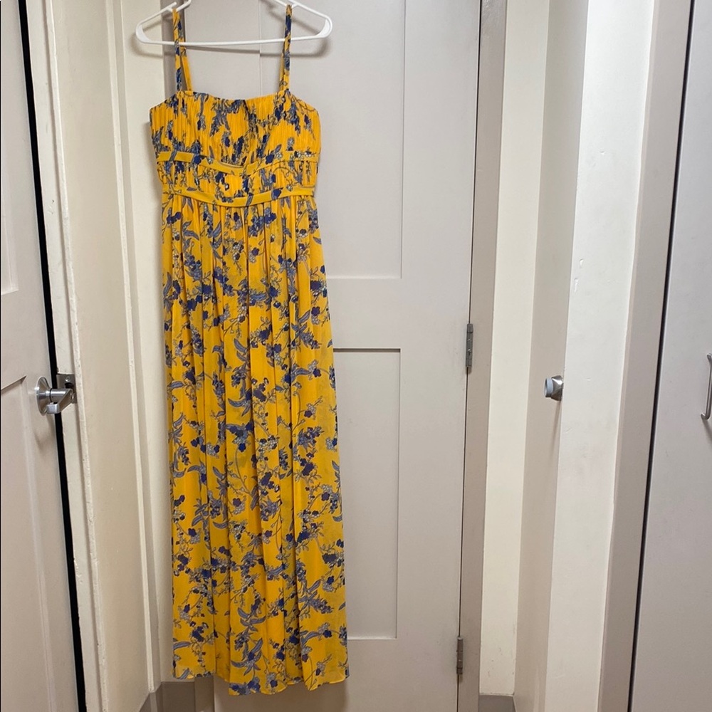 Aqua Yellow and Blue Ruched Spaghetti Strap Maxi Sundress